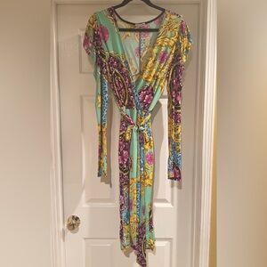 Fashion Nova Vibrant Multicolor Wrap Dress with Puff Sleeves